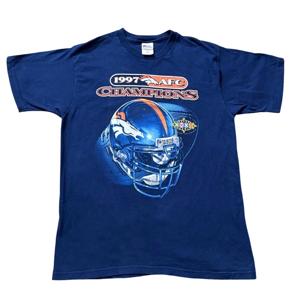 Vintage 1997 Denver Broncos AFC Champions T-Shirt Pro Layer Navy Blue Mens L USA